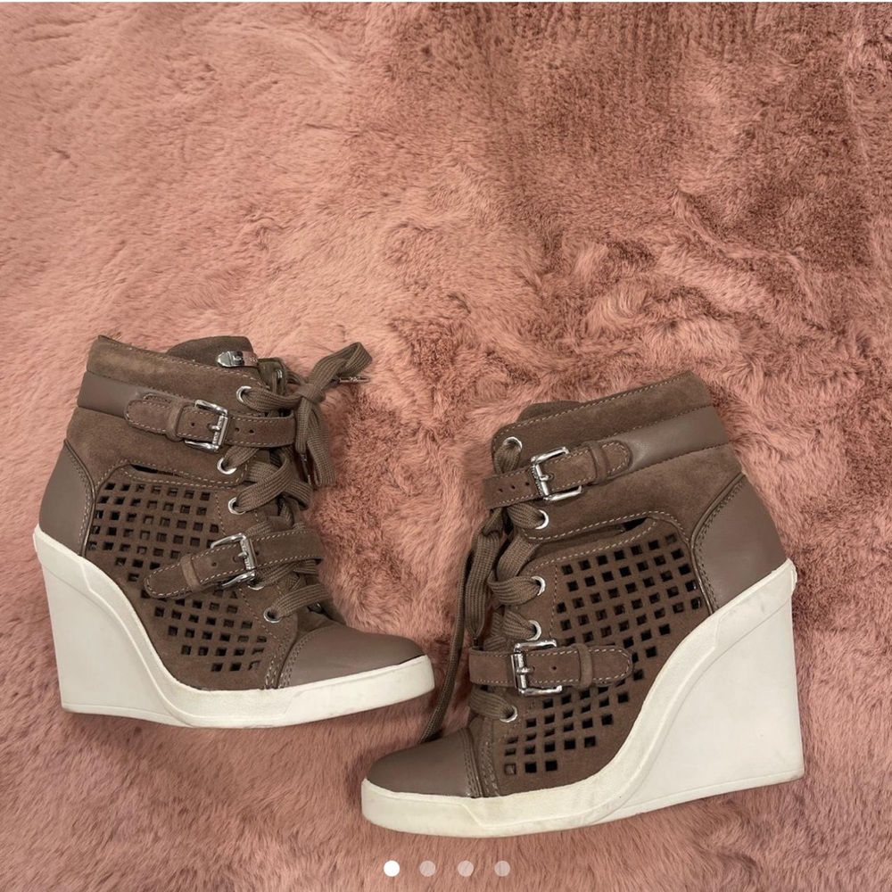 Michael Kors Sneaker Wedges, Suede. Nude/Light Brown color with white wedge.